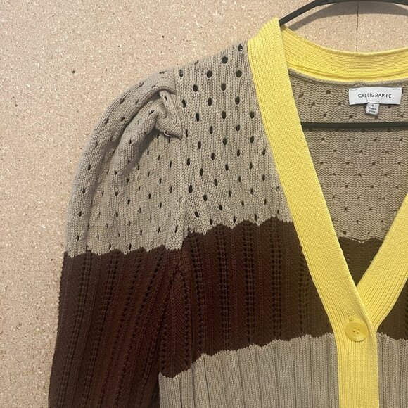 Calligraphie Women’s Cardigan XL Striped Button Front Puff Sleeve Brown V Neck - Picture 8 of 9